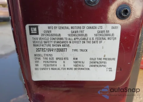 2001 GMC New Sierra C1500 from USA, damaged, VIN 2GTEC19V411356877